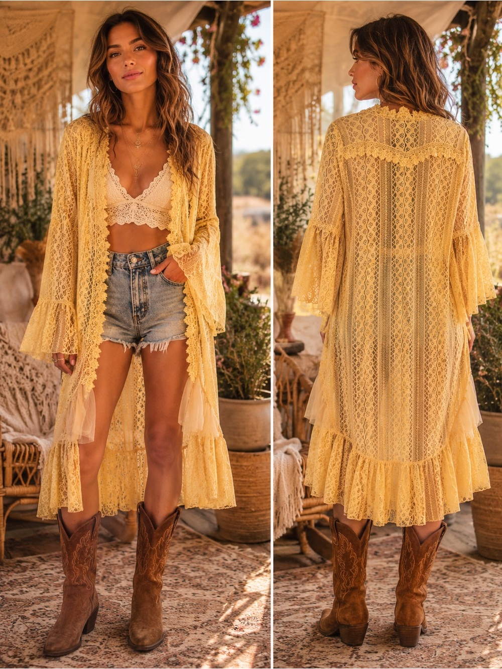 Origami Yellow Lace Open Front Duster Kimono
